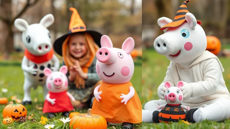 A group of Peppa Pig characters and a child dressed as a witch are posing for a Halloween photo in an outdoor setting with pumpkins and autumn leaves.