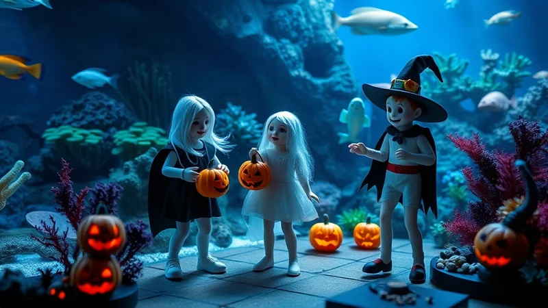 Three children dressed in Halloween costumes stand in an aquarium, holding jack-o'-lanterns. The child on the right wears a witch's hat and cape, while the two children on the left are dressed as ghosts. The aquarium is filled with coral, plants, and fish, creating a whimsical and spooky underwater scene.