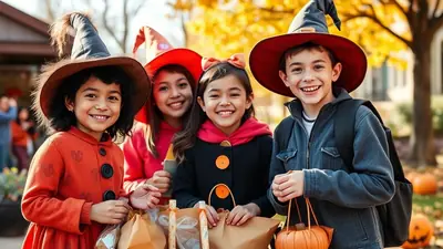 Four smiling children in Halloween costumes, wearing witch hats and holding candy bags, pose for a photo outdoors with autumn foliage in the background.