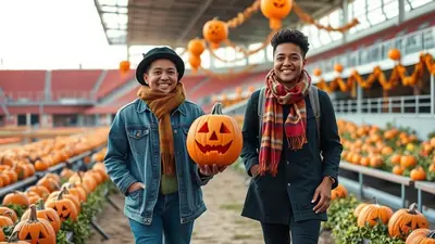 Two smiling people, one holding a carved jack-o-lantern, walk through a pumpkin patch with rows of pumpkins and Halloween decorations in the background.