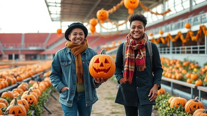 Two smiling people, one holding a carved jack-o-lantern, walk through a pumpkin patch with rows of pumpkins and Halloween decorations in the background.
