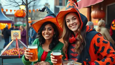 Two smiling women in witch hats and Halloween-themed outfits are holding glasses of beer at an outdoor festival. The woman on the left wears a green cardigan over a red shirt, and the woman on the right wears an orange and black hooded jacket. In the background, there are Halloween decorations like pumpkins and orange bunting, and other people are visible.