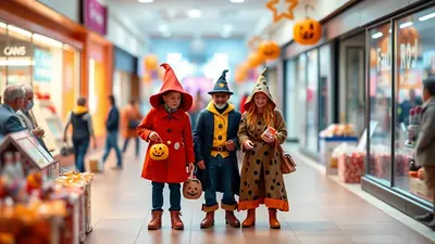 Three people in Halloween costumes, two children and one adult, stand in a shopping mall decorated with pumpkins and stars. The child on the left wears a red coat and hat, holding a pumpkin bucket. The adult in the middle wears a blue and yellow wizard costume. The child on the right wears a brown polka-dot witch costume and holds a candy box.