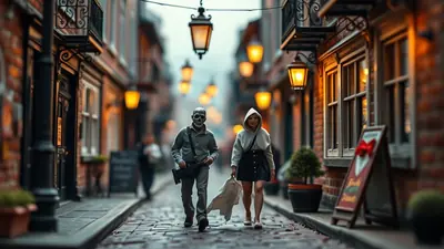 A man wearing a skull mask and a woman wearing a hooded cloak walk down a cobblestone street lined with old buildings and glowing lanterns.