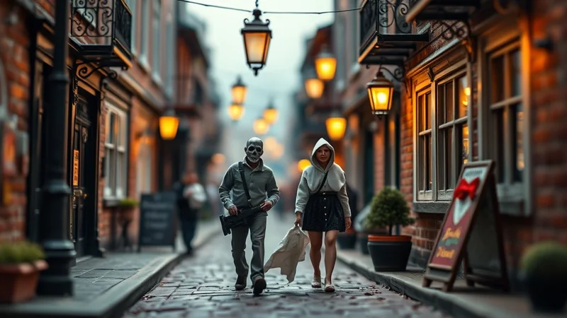 A man wearing a skull mask and a woman wearing a hooded cloak walk down a cobblestone street lined with old buildings and glowing lanterns.