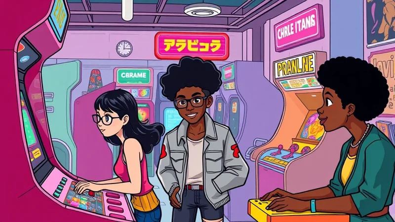 Three friends, two Black and one Asian, are playing arcade games in a brightly lit, retro-themed arcade. The mood is fun and nostalgic.