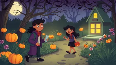 Two children are trick-or-treating on a path lined with pumpkins and flowers, with a spooky house in the background under a full moon and bats flying in the night sky.