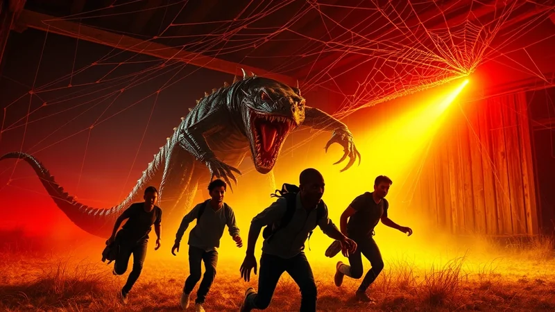 A terrifying, monstrous lizard with sharp teeth and claws lunges forward, its mouth wide open, as four people run away from it in fear. The scene is illuminated by a bright yellow light, with a large spider web stretching across the top of the frame, creating a dark and ominous atmosphere.