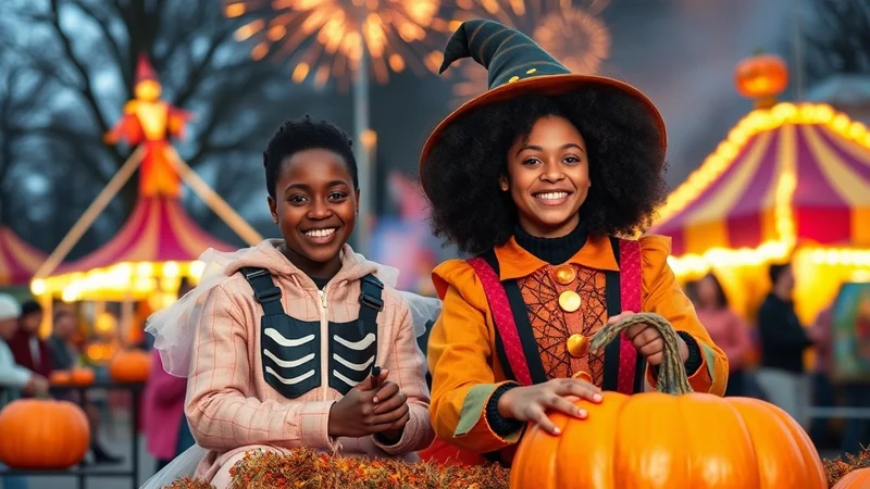 Two smiling children in Halloween costumes, one dressed as a skeleton and the other as a witch, pose with large pumpkins in front of a brightly lit carnival tent with fireworks in the background.