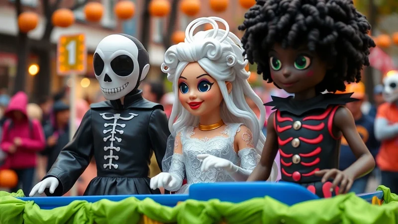 Three stylized dolls in Halloween costumes are on display, possibly for a parade. The doll on the left wears a skeleton costume, the middle doll is dressed as a bride in white, and the doll on the right wears a black and red costume with a bone motif. They are positioned behind a blue barrier decorated with green fabric.