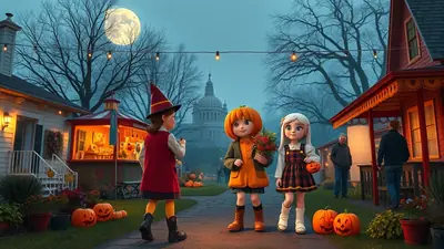 Three cartoon children in Halloween costumes stand on a path in front of a building with a dome, under a full moon and string lights, with pumpkins and a small market stall visible.