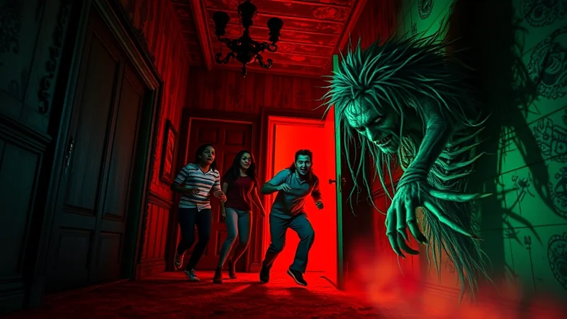 Three people are running down a dark hallway with red walls, fleeing from a monstrous creature emerging from a doorway on the right, illuminated by green light.