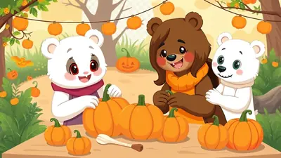 Three cartoon bears, two white and one brown, are carving pumpkins on a wooden table outdoors. They are surrounded by more pumpkins and autumn decorations, creating a festive Halloween atmosphere.