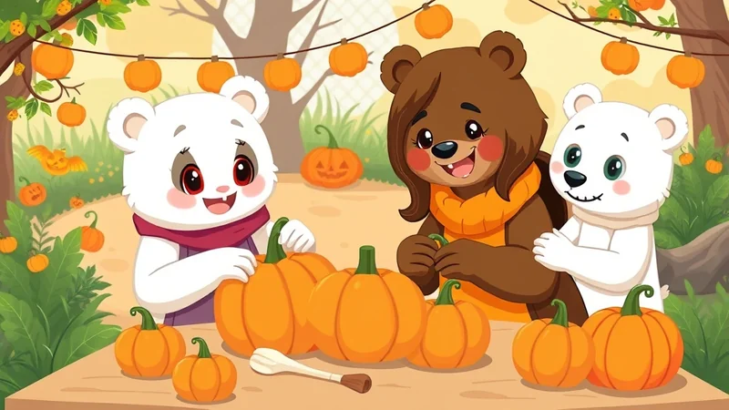 Three cartoon bears, two white and one brown, are carving pumpkins on a wooden table outdoors. They are surrounded by more pumpkins and autumn decorations, creating a festive Halloween atmosphere.