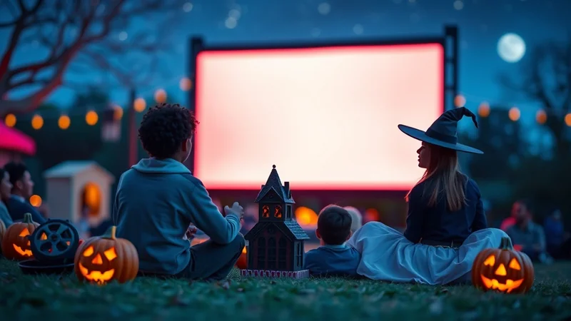 A group of people, including children, sit on the grass at night watching an outdoor movie screen. Two children in the foreground are facing away from the camera, with one wearing a witch hat. Lit jack-o'-lanterns and a miniature haunted house are placed in front of them, creating a festive Halloween atmosphere under a starry sky with a full moon.