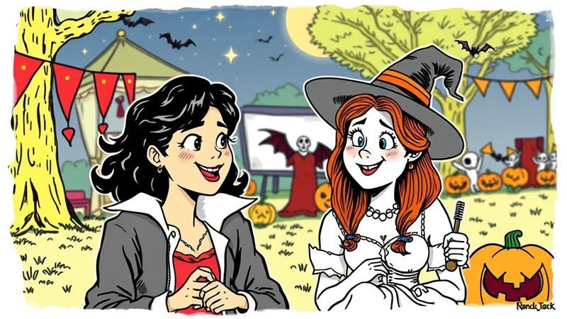 Two women are at a Halloween party. The woman on the left has dark hair and is wearing a grey jacket over a red top. The woman on the right has red hair and is dressed as a witch, wearing a witch hat and a white dress. In the background, there is a tent, pumpkins, bats, and a screen showing a figure in a red robe with bat wings.