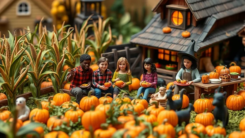 A miniature Halloween scene depicts a group of diverse children and a witch sitting amongst a field of pumpkins, with a small, rustic house in the background.