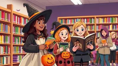 In a library decorated for Halloween, three young girls dressed in witch costumes are reading books. The girl on the left holds a book titled "Trick or Treat," while the girl in the middle holds a green book, and the girl on the right reads a book titled "Trick or the Tricksters." Several other children are visible in the background, also in Halloween attire.