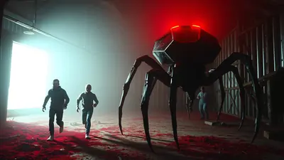 Two men in hoodies run from a giant, black, mechanical spider with glowing red eyes inside a dimly lit warehouse with red debris scattered on the floor.