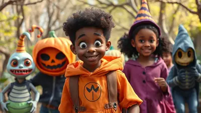 A group of children in Halloween costumes, including a boy in an orange hoodie, a girl in a witch hat, and two characters dressed as a pumpkin and a skeleton, stand in a wooded area.