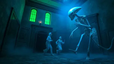 A terrifying, skeletal alien creature looms over two people in white hooded outfits who are running away in a dimly lit, eerie room with green glowing windows.
