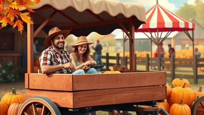 A smiling couple in cowboy hats rides in a wooden wagon filled with pumpkins at a fall festival, with a red and white striped tent and more pumpkins in the background.