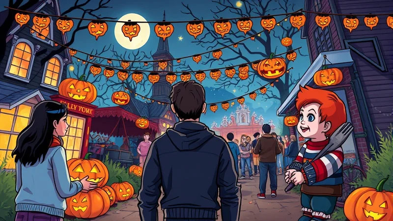 A group of people are gathered on a street decorated for Halloween with strings of jack-o'-lanterns and pumpkins. A young boy dressed as Chucky, holding a fork, stands in the foreground, while a girl and a man are also visible. The scene has a festive and slightly eerie atmosphere under a moonlit night sky.