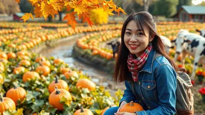 A young Asian woman smiles at the camera while holding a small pumpkin in a pumpkin patch. She is wearing a denim jacket and a red and white checkered scarf, with a backpack slung over her shoulder. In the background, rows of pumpkins stretch out, with cows grazing and autumn leaves overhead.
