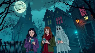 Three figures, two young women and one person in a ghost costume, stand in front of spooky houses on a moonlit Halloween night, all looking at their phones.