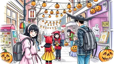 A group of people are walking down a street decorated for Halloween with strings of jack-o'-lanterns and pumpkins. A young woman in a pink coat smiles at the viewer, while a boy in a bat costume looks at a display in a shop window.