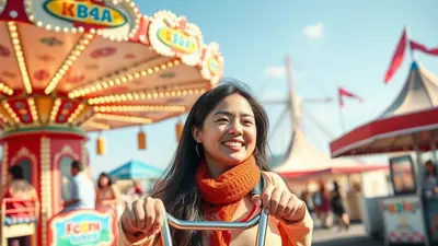 A young woman with long dark hair and an orange scarf smiles brightly as she rides a carousel at an amusement park on a sunny day.