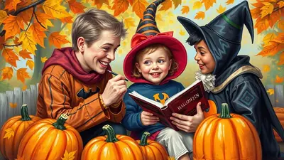 A smiling person in a Batman-themed Halloween costume reads a book titled "Halloween" to two children dressed as witches, surrounded by pumpkins and autumn leaves.