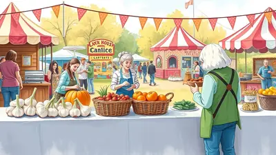 A vibrant outdoor market scene with vendors selling fresh produce like garlic, pumpkins, strawberries, and oranges under colorful striped tents, with people browsing and interacting.