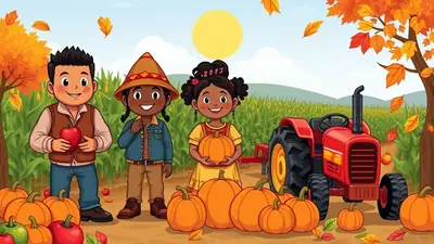Three cartoon children stand in a field of pumpkins and corn stalks with a red tractor in the background, under a bright yellow sun and autumn leaves.