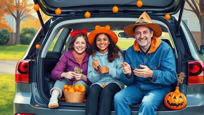A family of three, dressed in Halloween costumes, are sitting in the open trunk of a car, smiling and holding candy. The car is decorated with orange string lights and a jack-o'-lantern. The scene is set outdoors with autumn foliage in the background, suggesting a festive Halloween atmosphere.