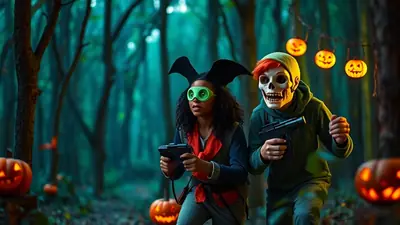 Two children in Halloween costumes, one dressed as a bat and the other as a skeleton, hold toy guns and stand in a dark, spooky forest decorated with jack-o'-lanterns.