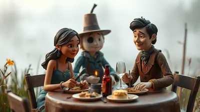 Three stylized cartoon characters sit at a round wooden table outdoors, enjoying a meal. A woman with dark hair in a teal dress is on the left, a man with dark hair in a brown jacket is on the right, and a scarecrow-like figure with a hat and button eye is in the center. Plates of food, a bottle of wine, and a glass are on the table, with a candle providing light.