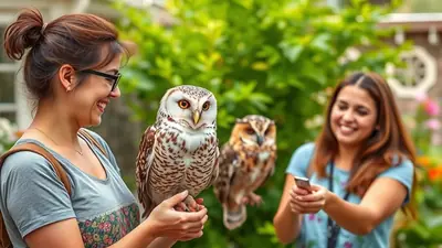 A woman in glasses smiles as she holds a spotted owl, while another woman in the background smiles and takes a photo with her phone, with a second owl perched behind the first.