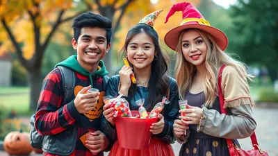 Three young people in Halloween costumes smile at the camera, holding candy and drinks in an outdoor setting with autumn leaves and pumpkins.