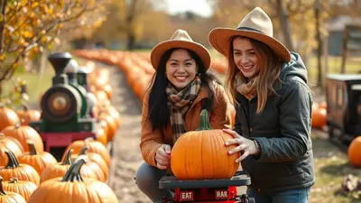 Two young women in hats and scarves are at a pumpkin patch, with a train and rows of pumpkins in the background. The woman on the left is smiling at the camera, while the woman on the right is looking down at a pumpkin they are both holding.