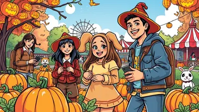 Four friends in Halloween costumes, including witch hats and bunny ears, are at a pumpkin patch with a Ferris wheel and carnival tents in the background.