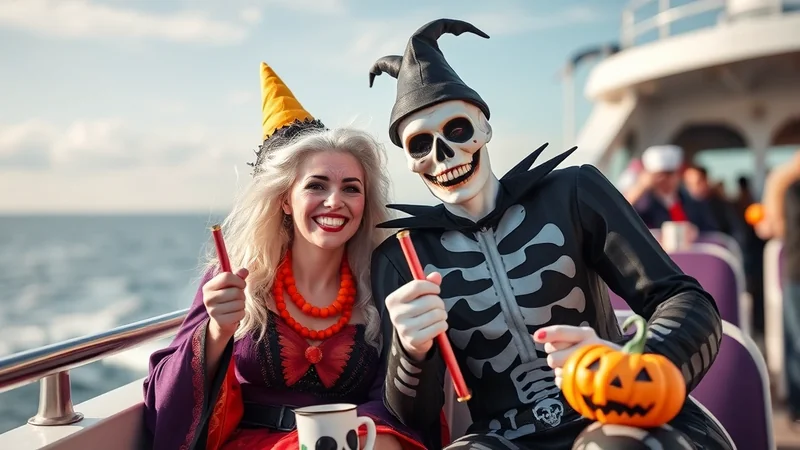 A woman dressed as a witch and a person in a skeleton costume are smiling and holding red noisemakers while sitting on a boat with a small pumpkin decoration.