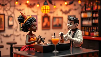 A cartoon-style Halloween scene depicts a young Black woman in a witch hat and a young White man at a bar, with Halloween decorations in the background.