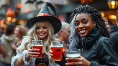 Two smiling women in Halloween costumes, one dressed as a witch, holding glasses of beer with a mustache design on them, at an outdoor event with blurred lights and decorations in the background.
