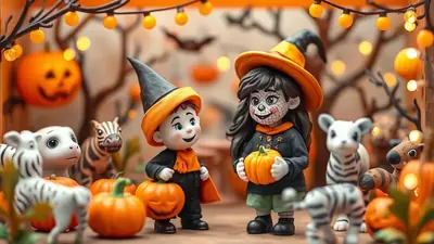 Two children dressed as witches, holding pumpkins, stand among toy zebras and pumpkins, with Halloween lights and a jack-o'-lantern in the background.