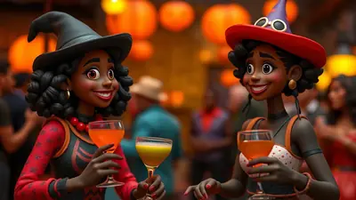Two cartoon women dressed as witches with festive Halloween hats and drinks in hand, smiling at each other in a dimly lit, crowded setting with glowing orange decorations in the background.