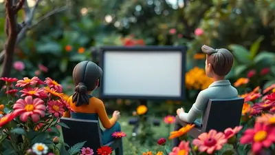 Two cartoon figures, a woman and a man, sit in chairs in a garden filled with colorful flowers, facing a blank screen.