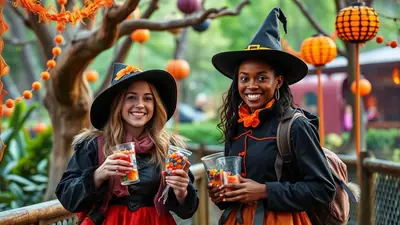 Two young women dressed as witches for Halloween, smiling and holding cups of candy and drinks, with festive orange decorations in the background.