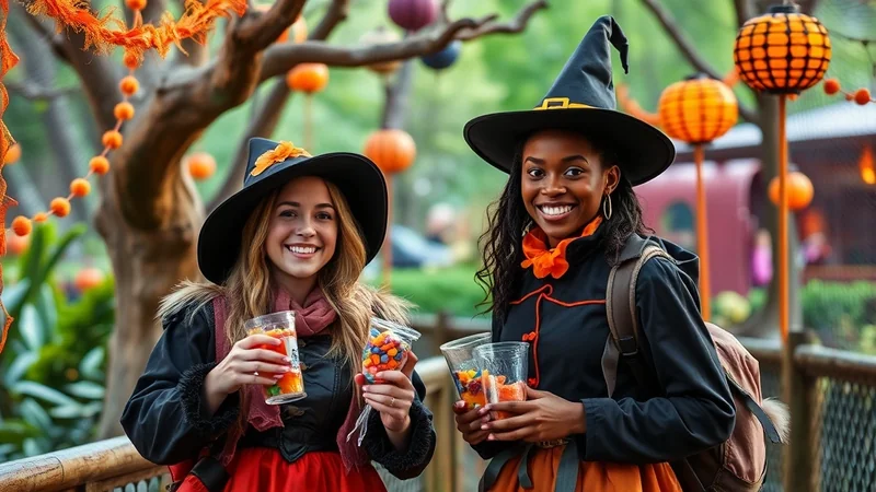 Two young women dressed as witches for Halloween, smiling and holding cups of candy and drinks, with festive orange decorations in the background.