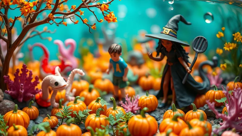 A miniature Halloween scene features a young witch figure holding a spatula, a boy figure, and a toy creature amidst a field of pumpkins and autumn foliage, set against a teal background with bubbles.